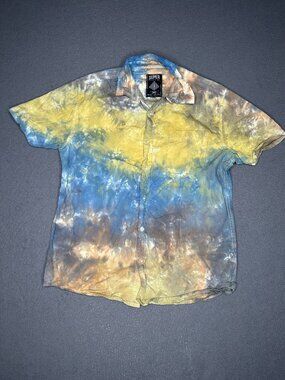 Super Massive Men's Button Up Shirt Tie Dye Yellow Blue Brown Size Small